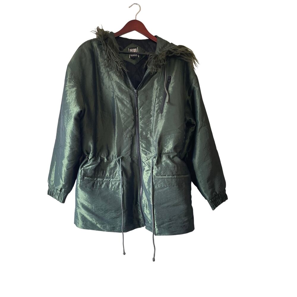 Vintage 90s green Greg bell lamb fur hood nylon‎ thick jacket medium